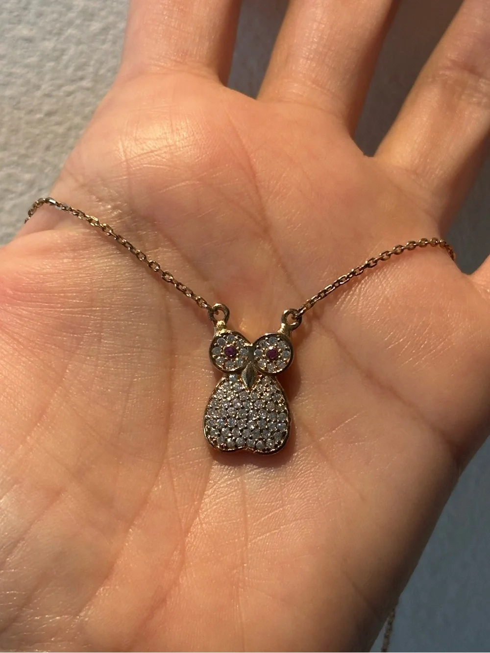 Gold-Tone Owl Pendant Necklace with Pink Accent Eyes
